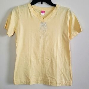 LAT yellow baby tee shirt, rhinestone detail, slight v neck, women's size small